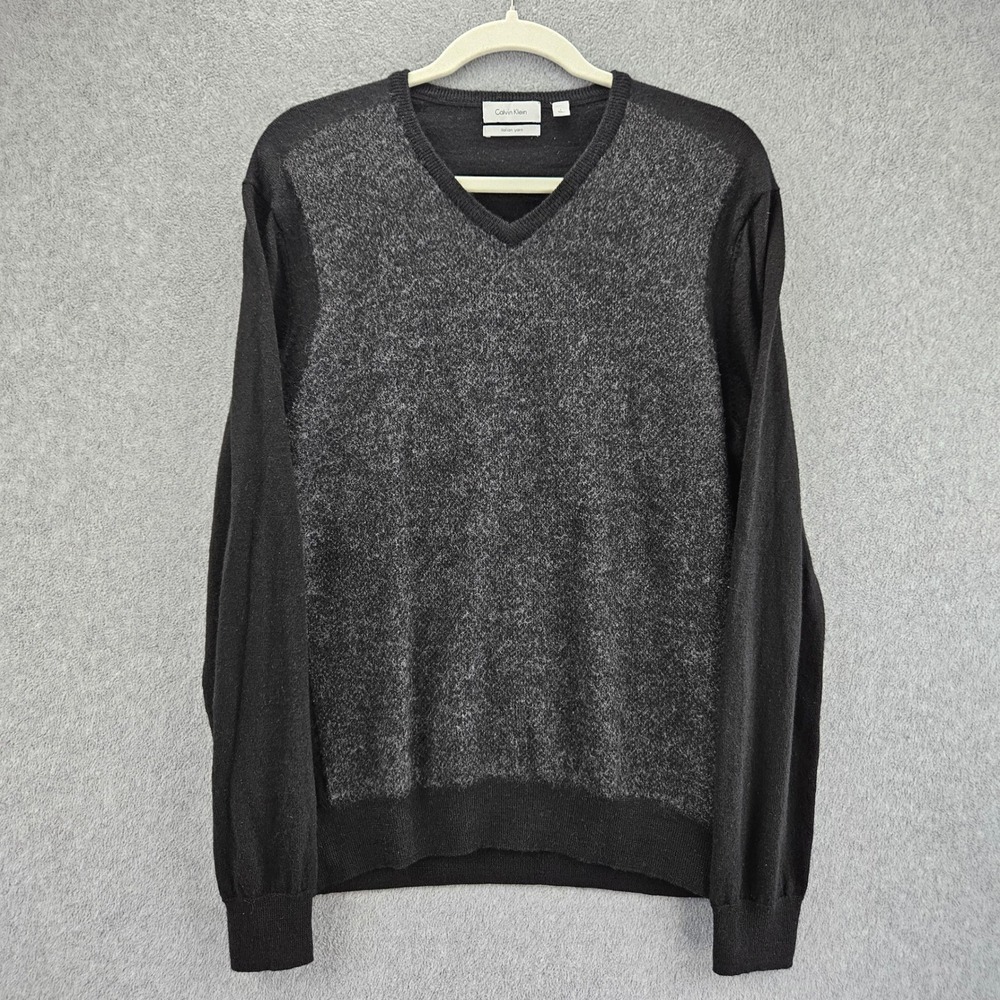CALVIN KLEIN Sweater Mens L Black Italian Yarn V-Neck Two Tone Knit Pullover